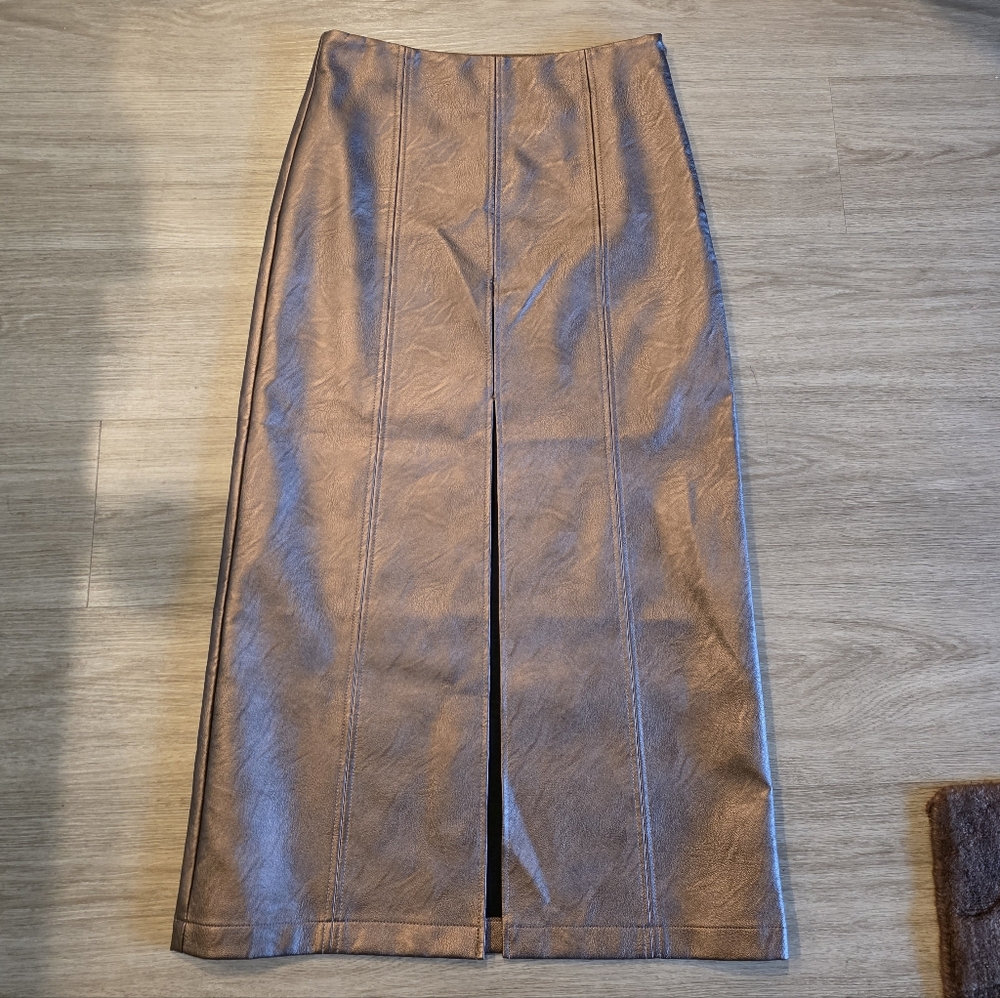 Topshop Bronze Metallic Faux Leather Maxi Skirt With High Slit
